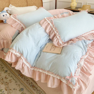 Blue Pink Lattice Washed Cotton Korean Princess Ruffles Duvet Cover Bedding Set